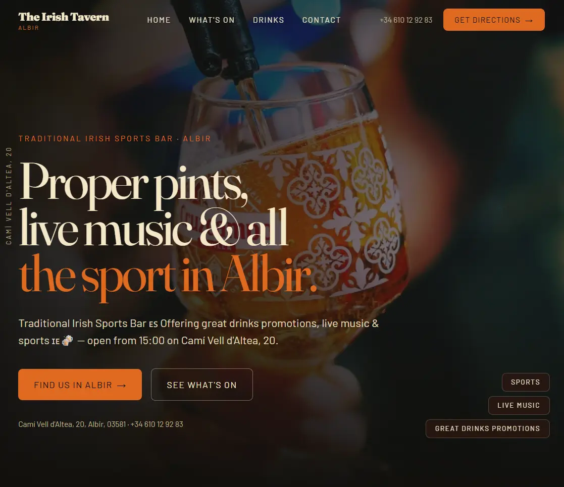 The Irish Tavern website built by Zapsite from a Google Maps listing